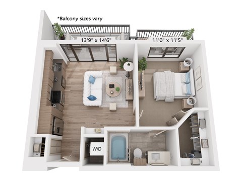 Floor plan for 1 bed, 1 bath, 626 sqft